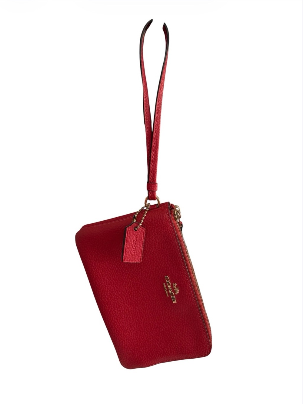 COACH F87590 Red Polished Pebble Leather Double Corner Zip Wristlet Wallet Clutc